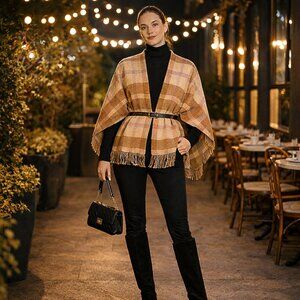 J. Crew Soft Wool Blend Plaid Tartan Fringe Open-Front Wrap Cape Shawl - NWOT